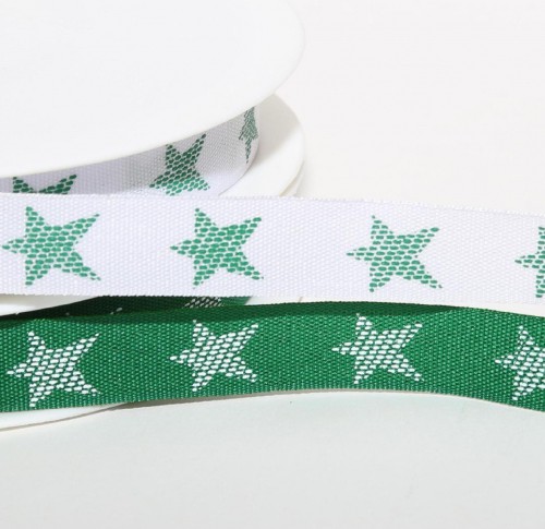 Band weiss mit grünen Sternen 12mm