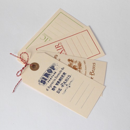 4 vintage Paketanhänger Medizin Apotheke 6x12cm