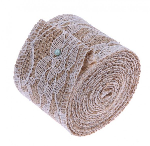 Jute mit Spitze weiss Rolle 2 Meter