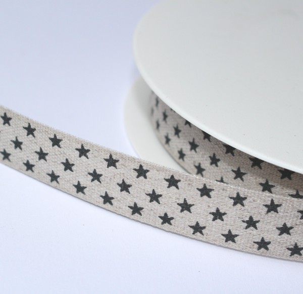 Baumwollband Webband natur Sternchen schwarz 15mm