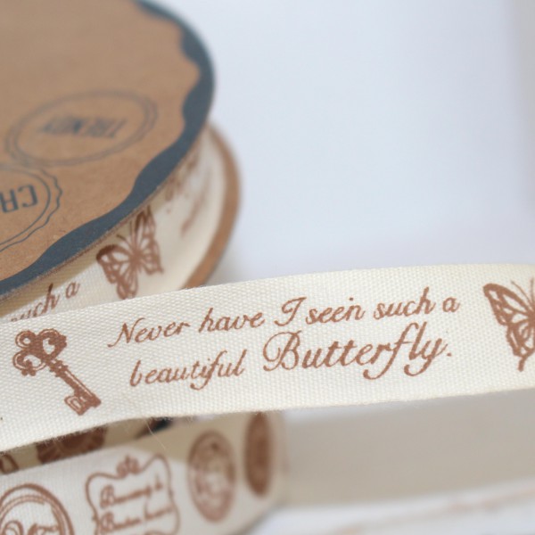 Dekoband vintage Script Key Butterfly 1,5cm