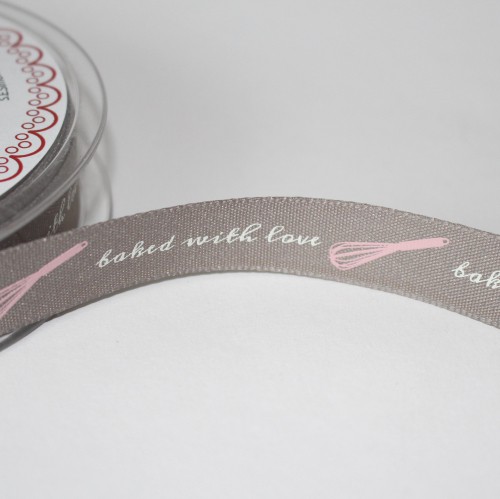 Schleifenband BAKED WITH LOVE 15mm graubraun