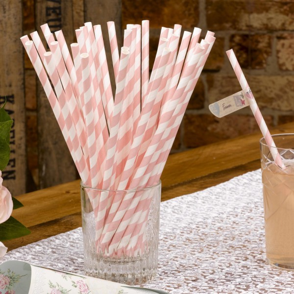 25 Strohhalme Papier rosa weiss gestreift