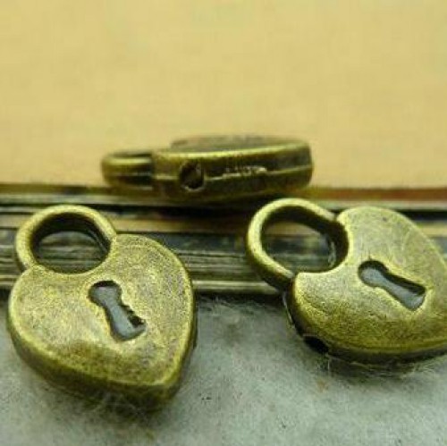 10 Anhänger Schloss Loveheart Lock bronze