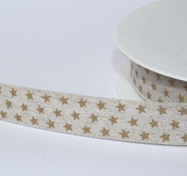 Baumwollband Webband natur Sternchen gold 15mm