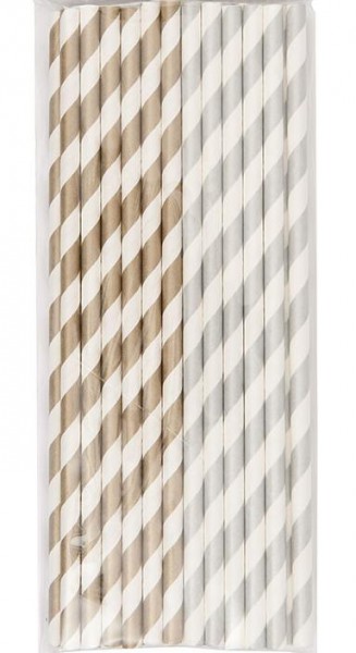 24 Strohhalme Papier silber / gold weiss gestreift